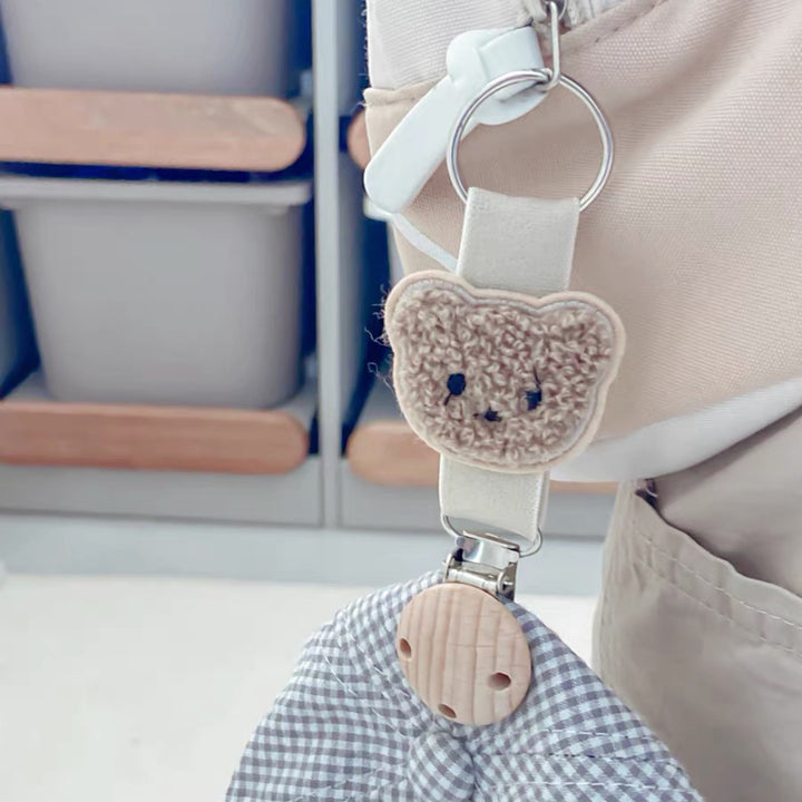 Plush Teddy Bear Pacifier and Teether Holder Strap with Wooden Safety Clip