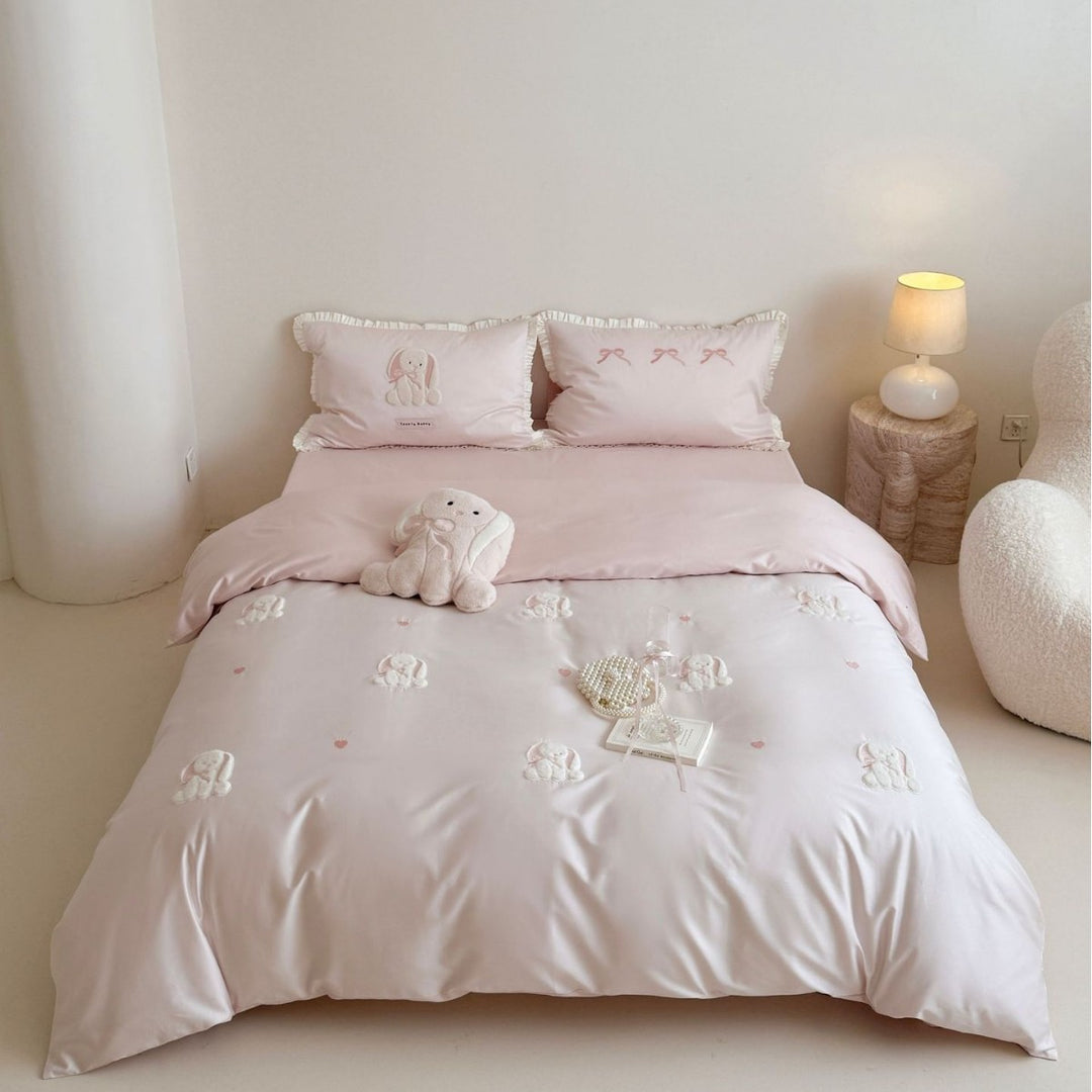 Embroidered Satin Duvet Cover Set with Ruffled Pillowcases & Plush Accent