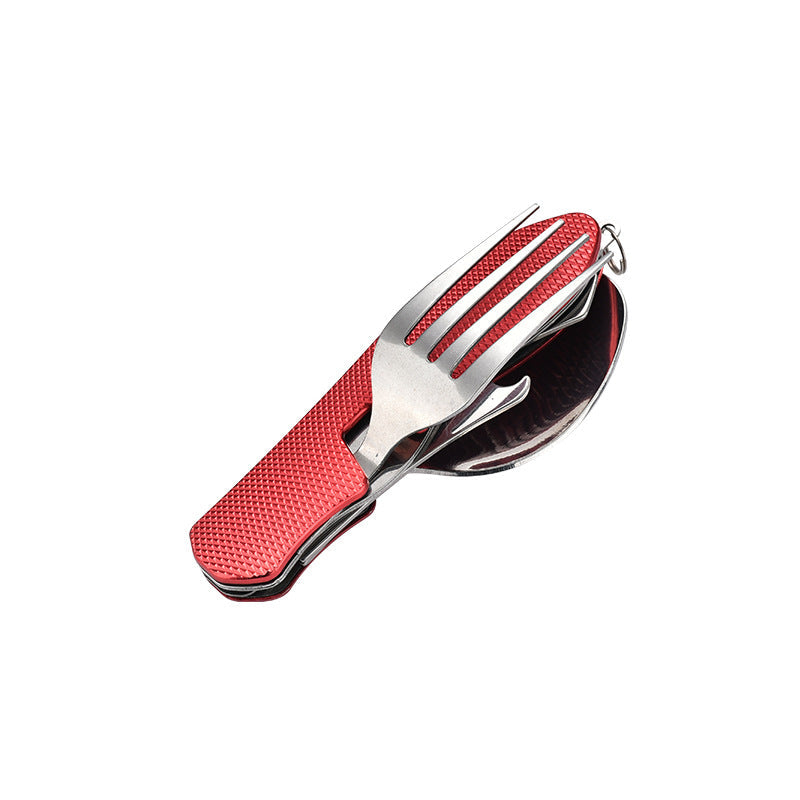 folding stainless steel camping cutlery set with textured grip locking hinge and compact travel clip Stornfield