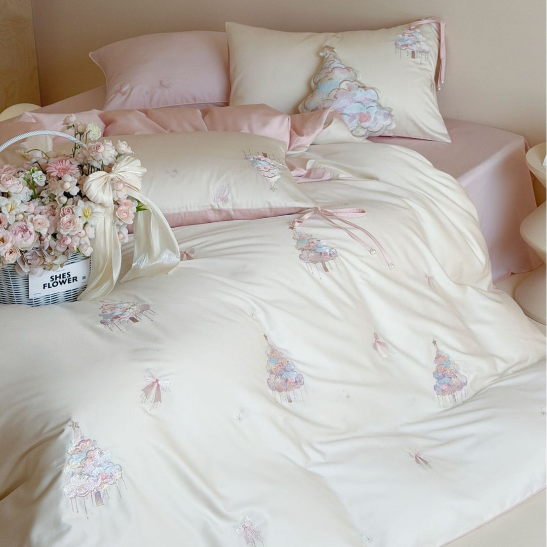Embroidered Satin Duvet Cover Set with Reversible Sateen and Ribbon-Tie Pillow Shams