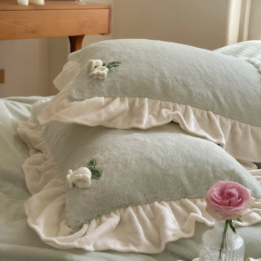Floral Embroidered Ruffled Duvet Cover Set