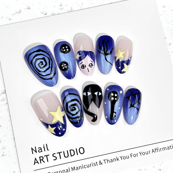 Artistic Press-On Nail Art Set with Celestial Motifs