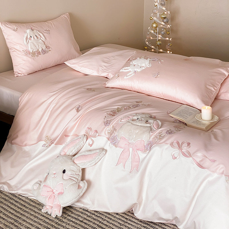 Whimsical Plush-Appliqué Bunny Duvet Cover & Sham Set