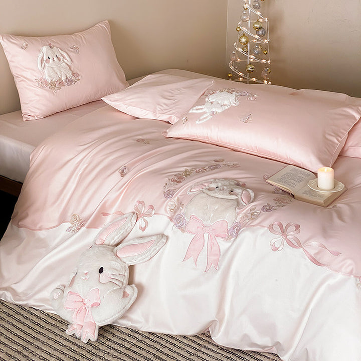 Whimsical Plush-Appliqué Bunny Duvet Cover & Sham Set