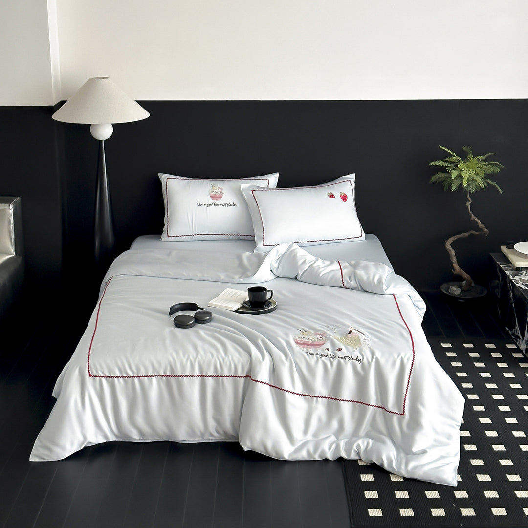 Silky Embroidered Rabbit-Motif Duvet Cover Set with Pillowcases