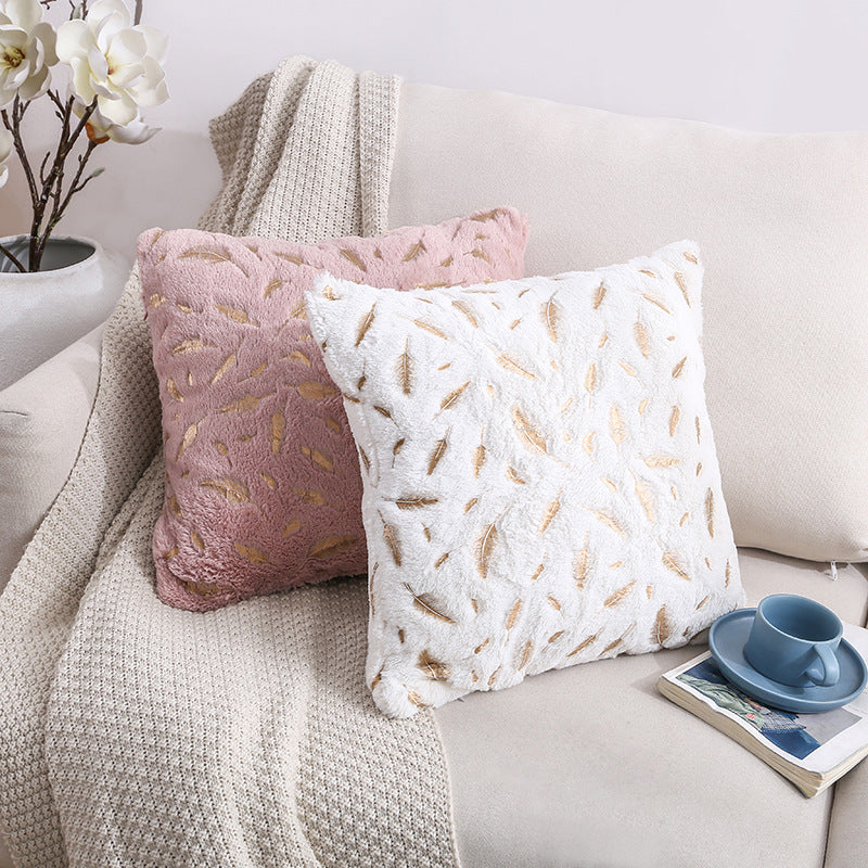 Plush Faux Fur Square Throw Pillow Cover with Metallic Leaf Embroidery