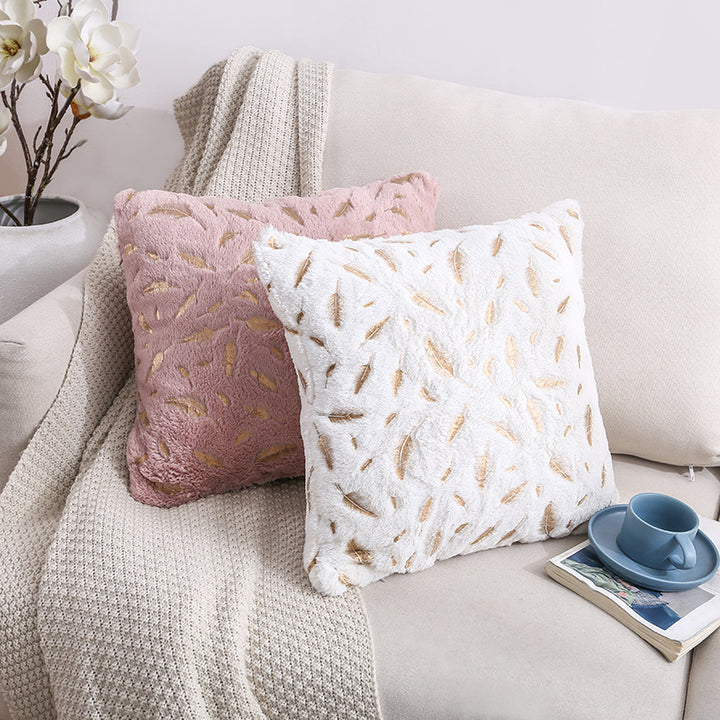Plush Faux Fur Square Throw Pillow Cover with Metallic Leaf Embroidery