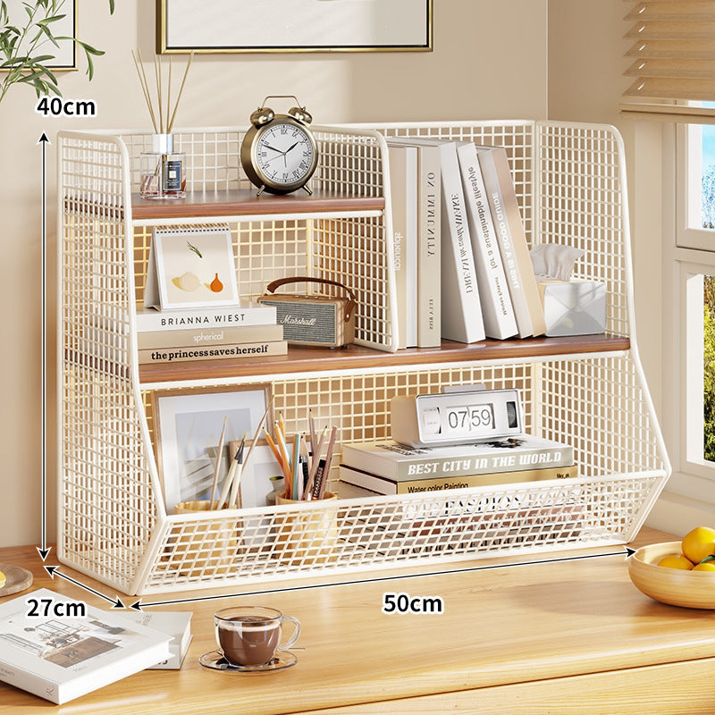 Double-Tier Mesh Metal Desktop Organizer with Wooden Shelves
