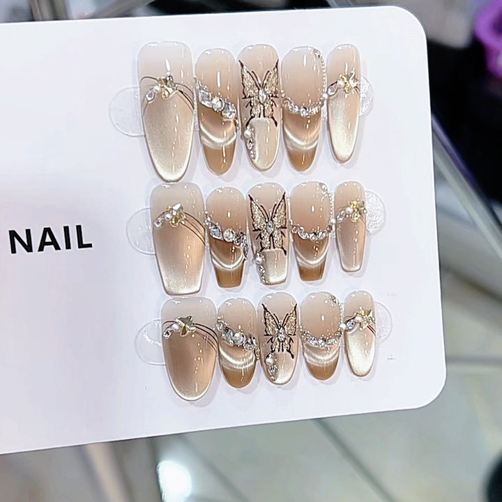 Artistic Butterfly and Pearl-Embellished Press-On Nail Set Stornfield