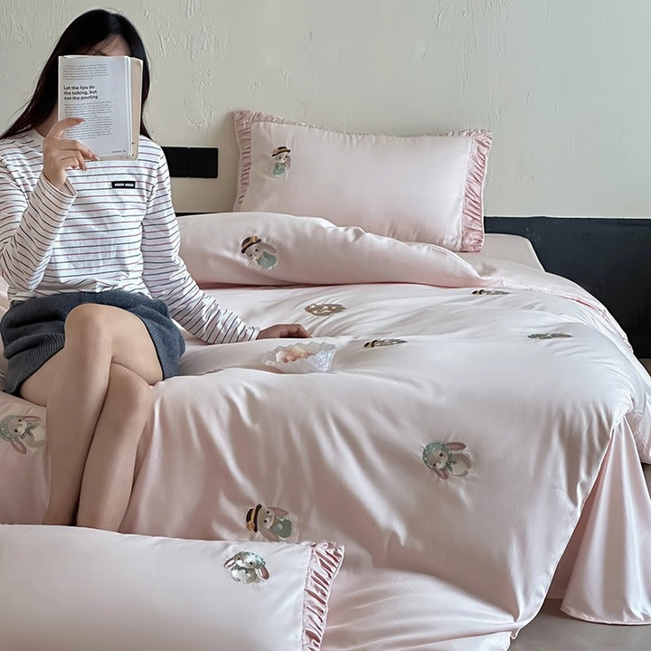 Silk-Feel Cotton Sateen Embroidered Bunny Duvet Cover Set