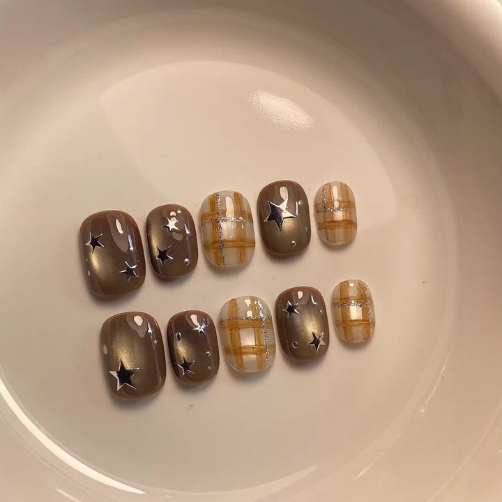 Decorative Press-On Nail Art Set with Star and Plaid Designs