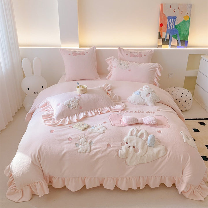 Ruffled Embroidered Bunny Appliqué Cotton Duvet Cover Set with Pillow Shams