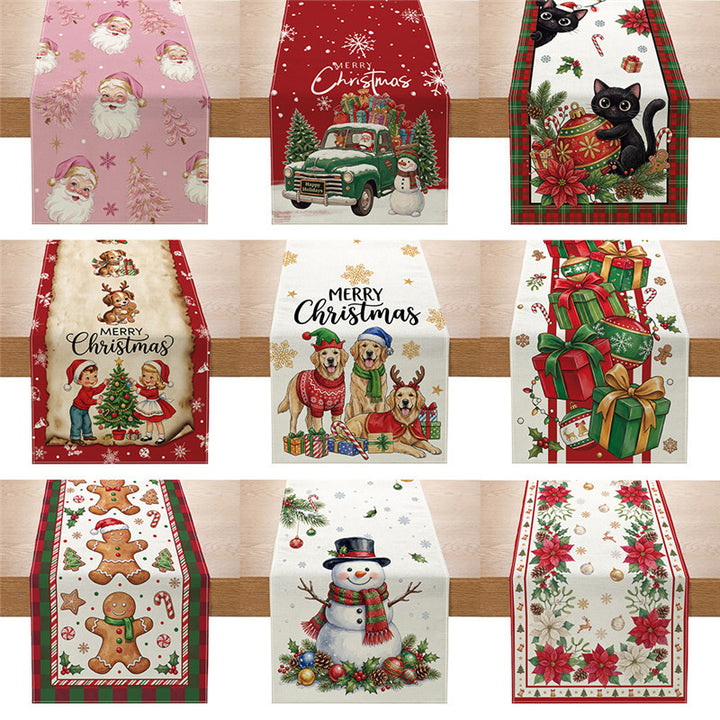 Festive Cotton-Linen Christmas Table Runner with Santa Truck and Snowman Illustration