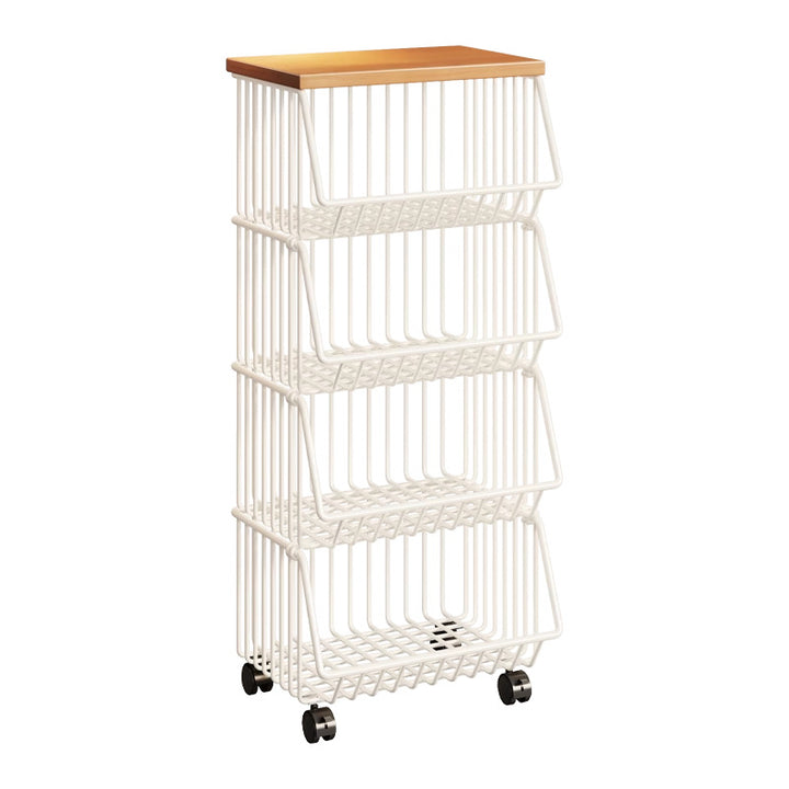 Compact Triple-Tier Rolling Wire Vegetable and Fruit Storage Cart with Wooden Top