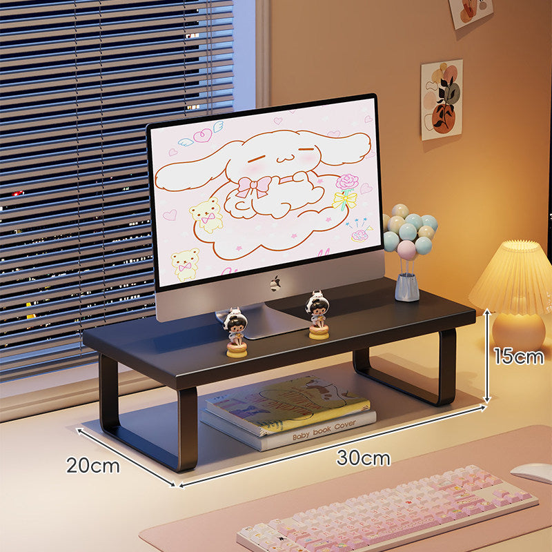Low-Profile Wooden Monitor Riser with Metal Legs and Under-Shelf Storage