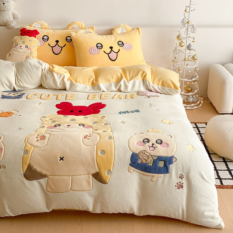 Cozy bedding set with embroidered cartoon cats and plush appliqués