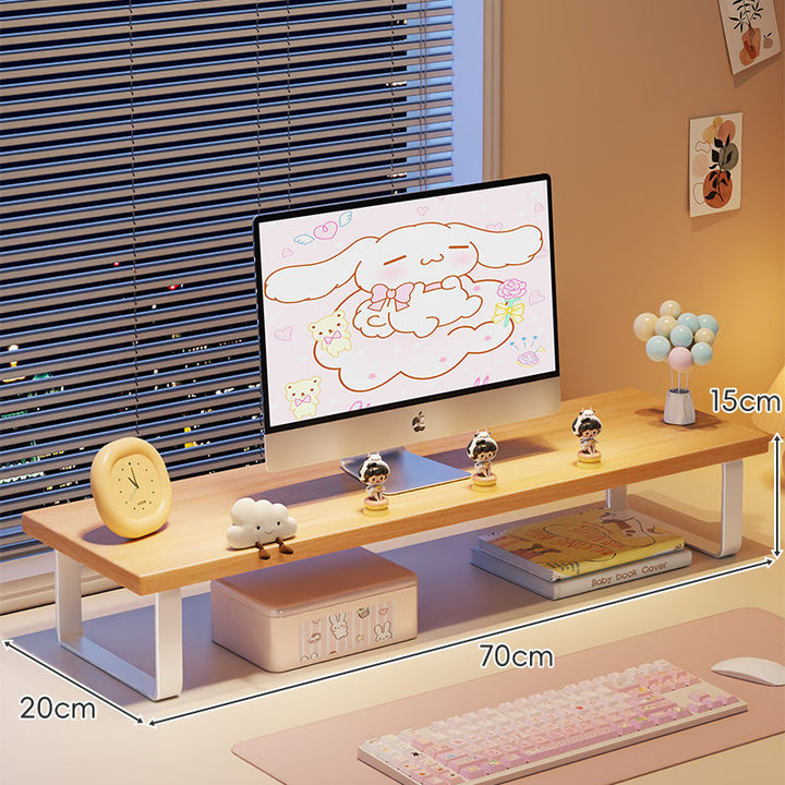 Low-Profile Wooden Monitor Riser with Metal Legs and Under-Shelf Storage