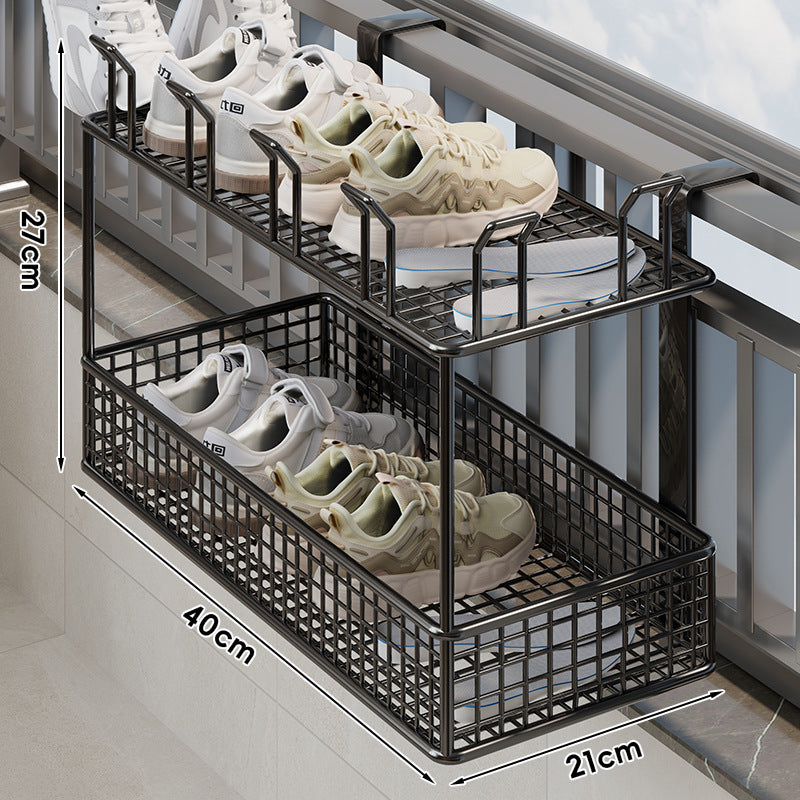 Window-Rail Hanging Shoe Storage Basket with Ventilated Grid and Adjustable Clamp Hooks