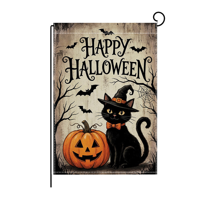 Outdoor Halloween Garden Flag Double-Sided Polyester Yard Banner with Skeleton and Jack-o'-Lantern Illustration