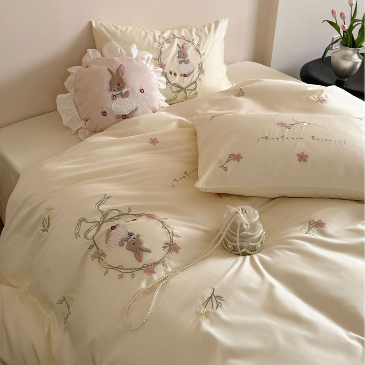 Children's Embroidered Bunny Cotton Sateen Bedding Ensemble with Ruffled Round Throw Pillow