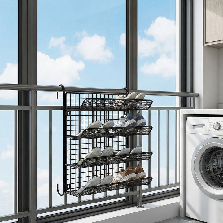 Over-Rail Balcony Shoe Drying and Storage Basket with Divided Mesh Compartments