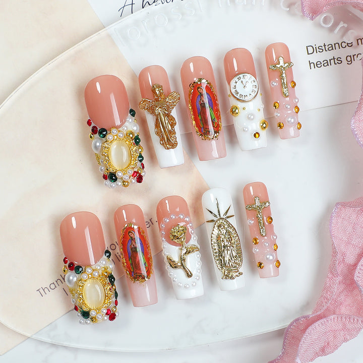 Artificial nail set with luxurious 3D decorations and religious motifs Stornfield