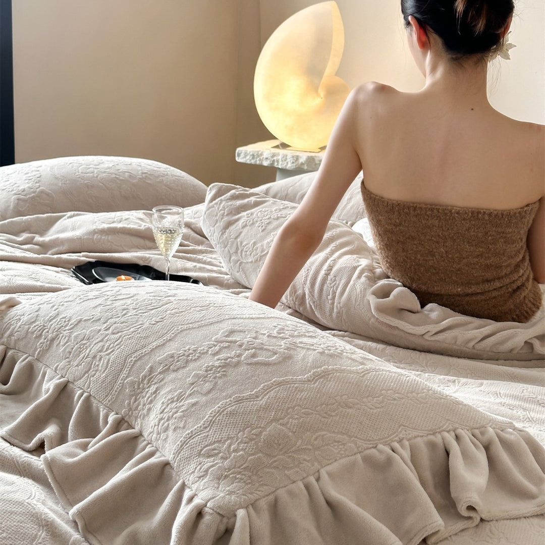 Embossed Jacquard Ruffled Duvet Cover & Decorative Pillow Shams Set