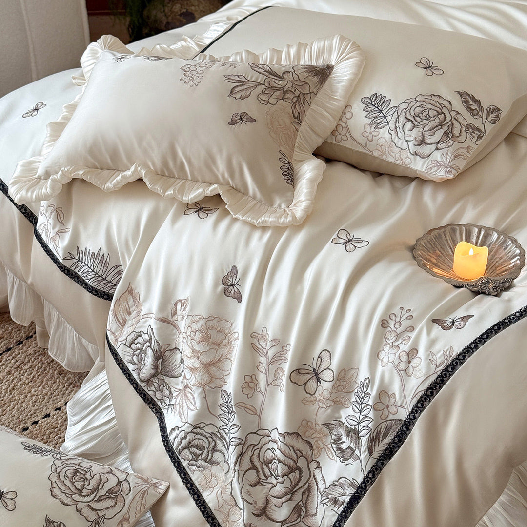 Silky Satin Floral Embroidered Ruffle Duvet Cover Ensemble with Pleated Bedskirt