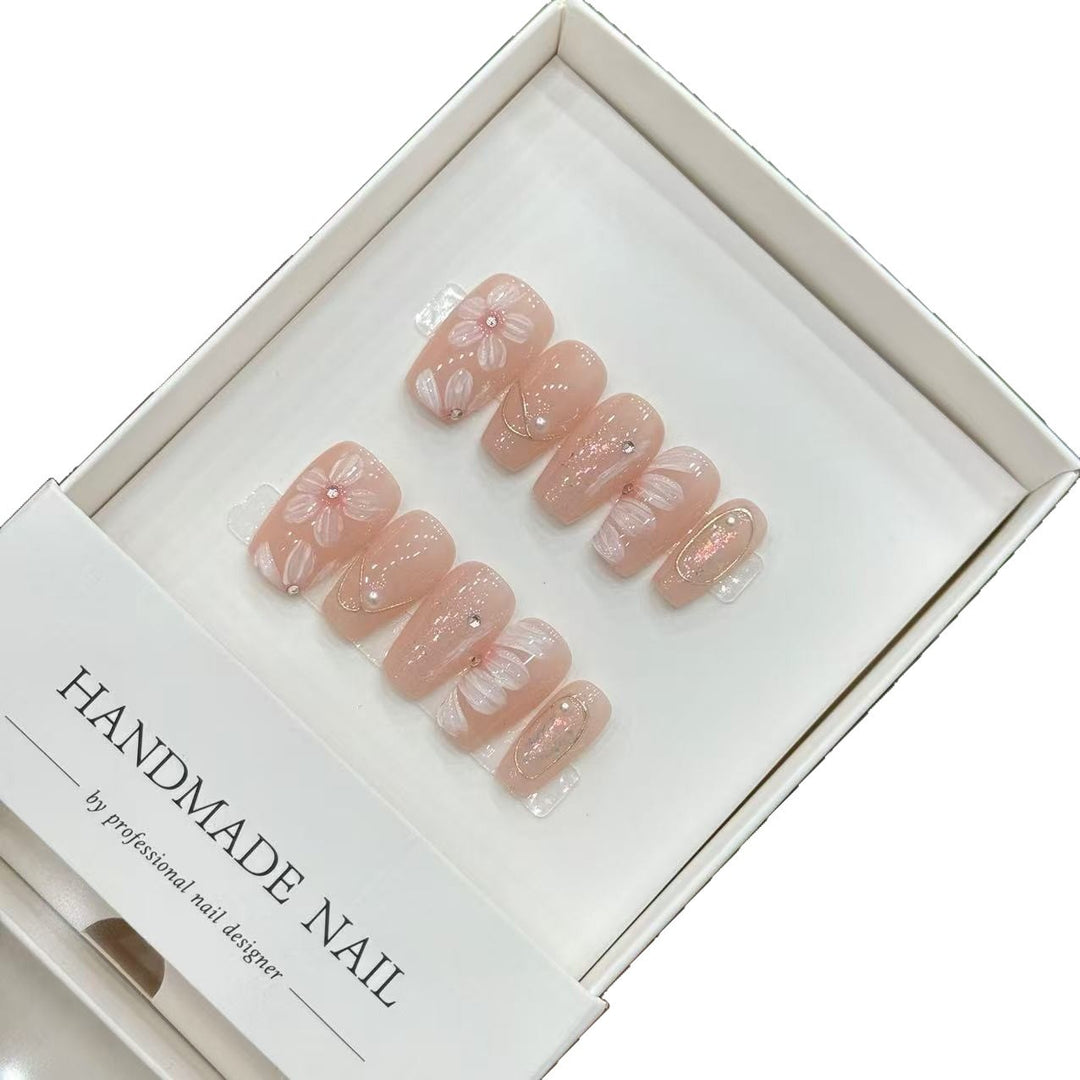 Premium Handmade Decorative Press-On Nail Set with Elegant Floral Accents