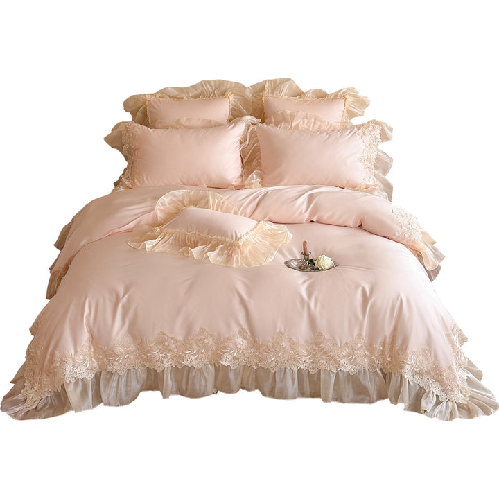 Romantic Organza-Ruffled Lace-Edge Duvet Cover Set with Frilled Pillow Shams