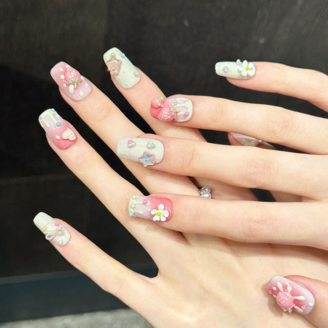 Decorative Press-On Nail Art Set with Unique 3D Charm Designs