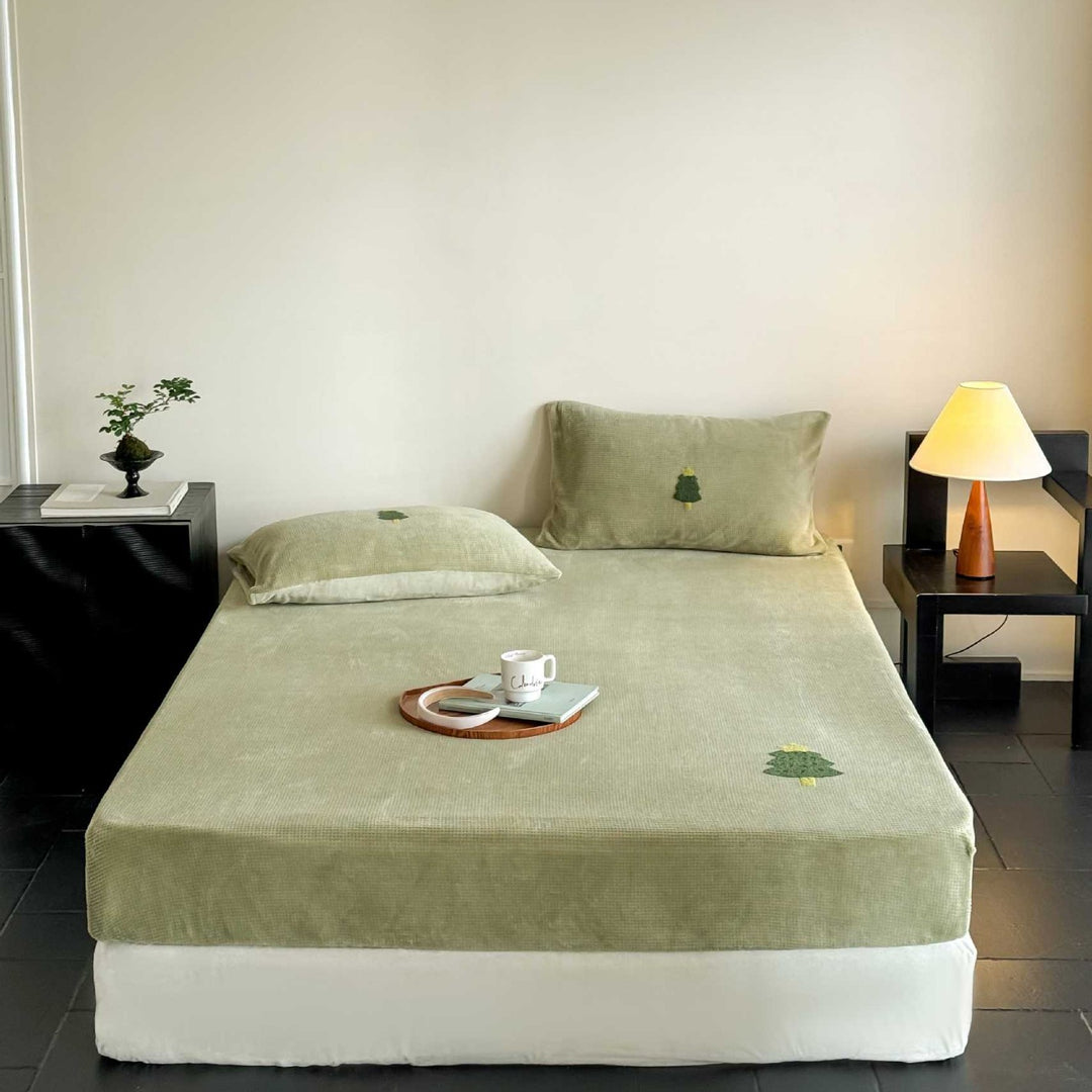 Corduroy Textured Fitted Bed Sheet and Pillowcase Set with Embroidered Panda Accents