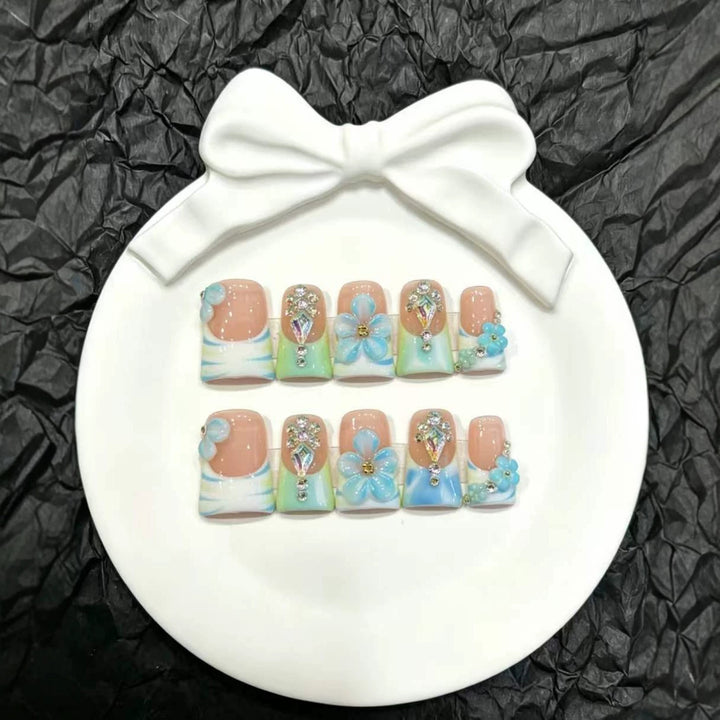 Artistic Floral Press-On Nail Art Set with 3D Embellishments