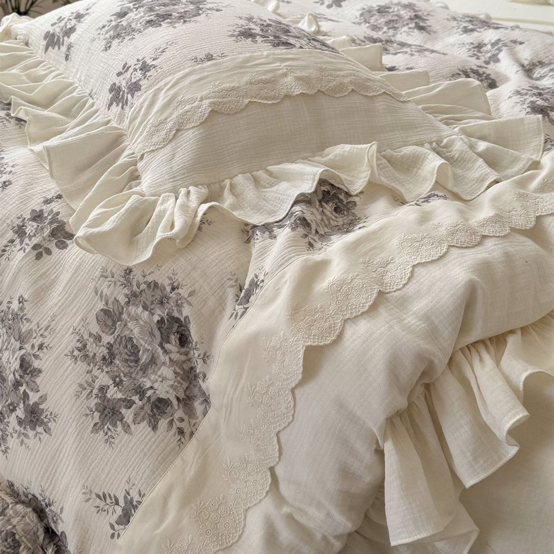 Ruffled Floral Cotton-Gauze Duvet Cover Set with Lace-Trim Pillow Shams