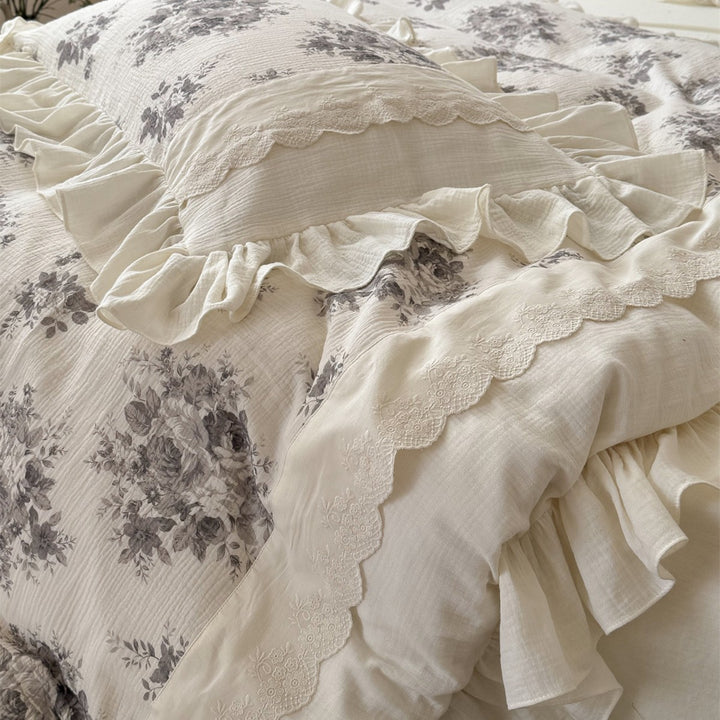 Ruffled Floral Cotton-Gauze Duvet Cover Set with Lace-Trim Pillow Shams