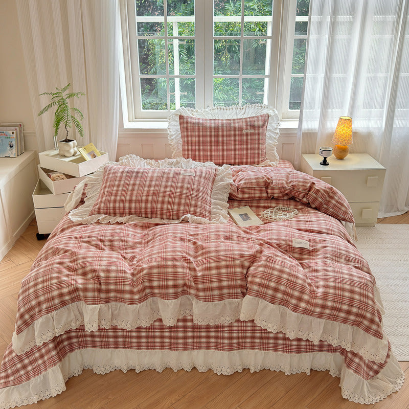 Ruffled Eyelet Lace Striped Cotton Duvet Cover Set with Frilled Pillow Shams