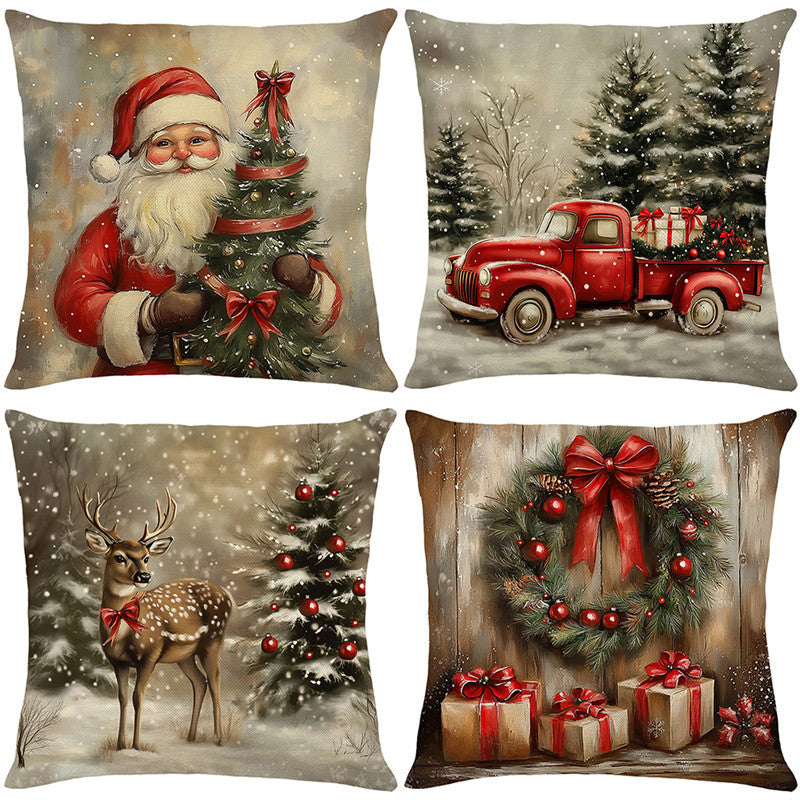 Festive Santa Illustration Cotton-Linen Square Throw Pillow Cover