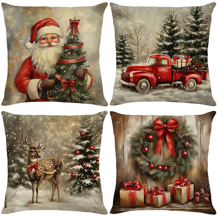 Festive Santa Illustration Cotton-Linen Square Throw Pillow Cover