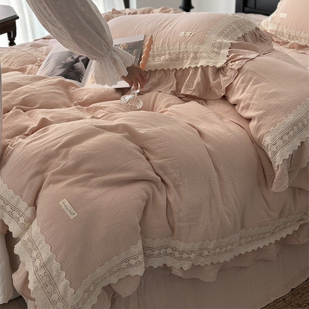Ruffled Lace-Trim Cotton Duvet Cover Set with Decorative Pillow Shams and Bed Skirt