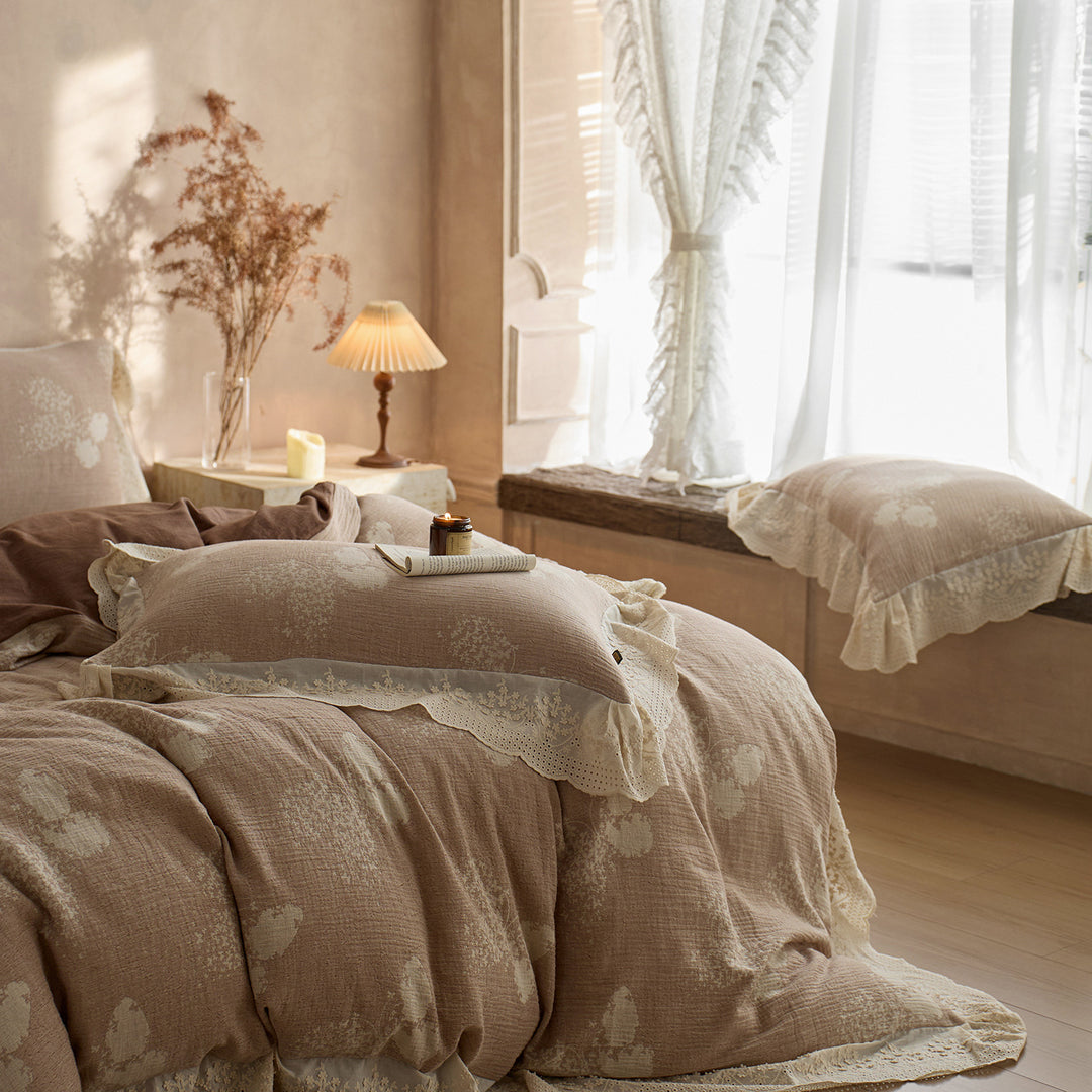 Ruffled Lace-Trim Reversible Duvet Cover Set with Tied Pillow Shams
