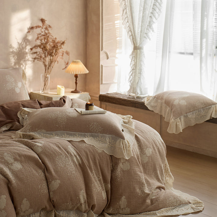 Ruffled Lace-Trim Reversible Duvet Cover Set with Tied Pillow Shams