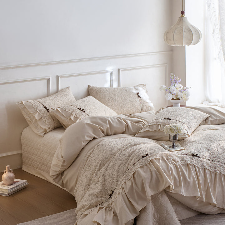 Luxury Lace Ruffle Cotton Duvet Cover and Pillowcase Set