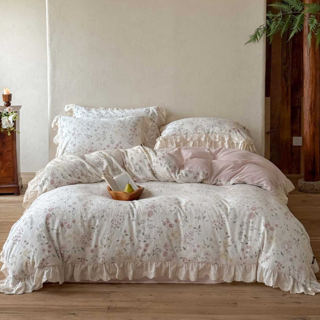 Ruffled Cottage Floral Washed Cotton Duvet Cover & Ruffled Sham Set