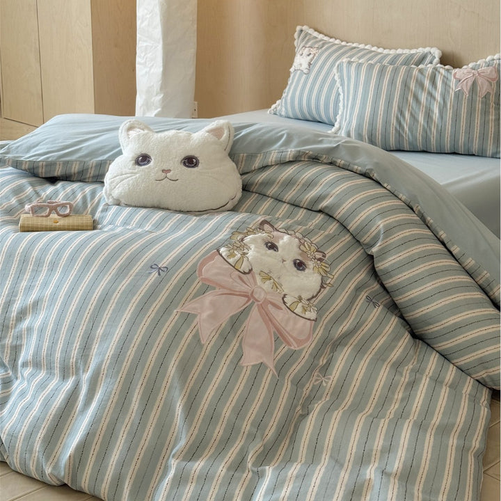 Striped Cotton Duvet Cover Set with 3D Plush Cat Appliqué & Bow Embroidery