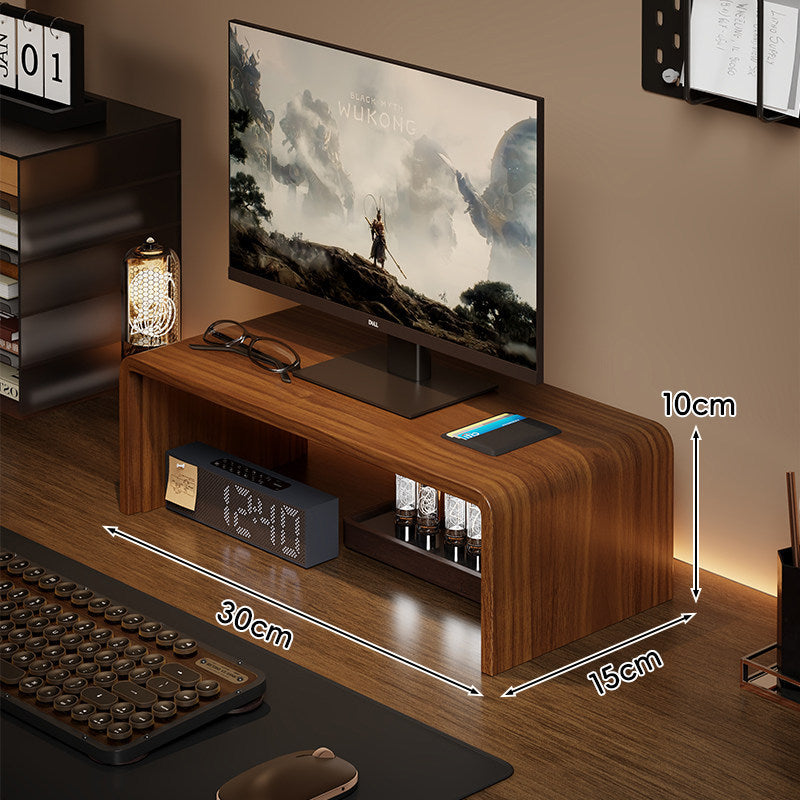 Low-Profile Curved Desktop Monitor Platform with Integrated Under-Shelf Organizer and Ambient Backlight