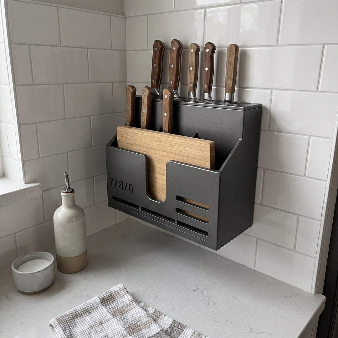 Wall-Mounted Stainless Steel Kitchen Knife and Cutlery Organizer with Drainage and Multi-Compartment Storage