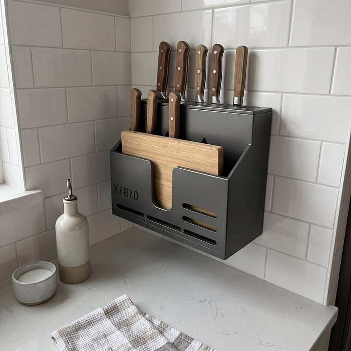 Wall-Mounted Stainless Steel Kitchen Knife and Cutlery Organizer with Drainage and Multi-Compartment Storage