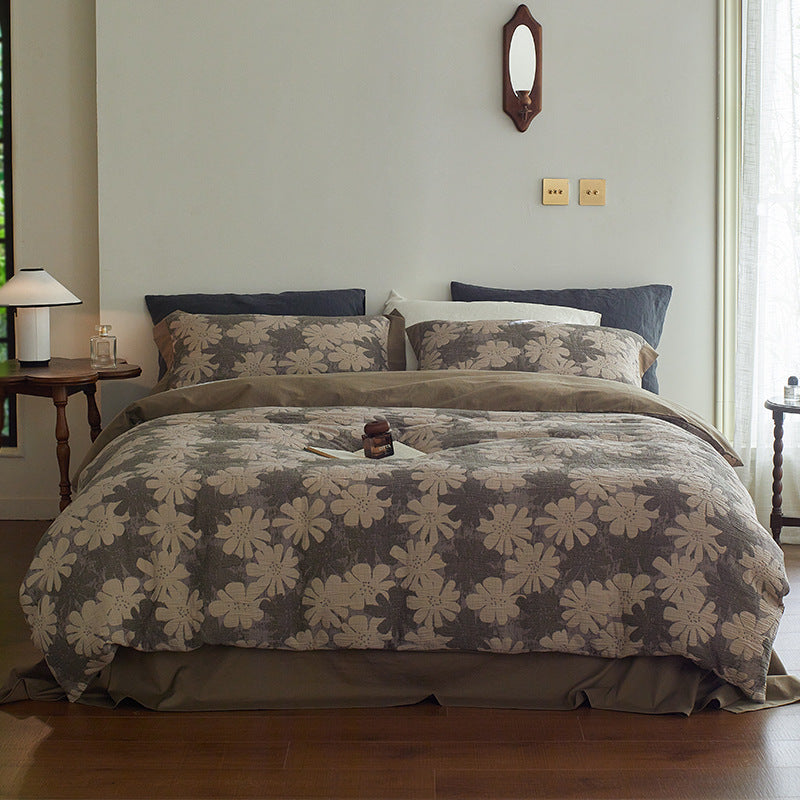 Quilted Botanical Cotton-Linen Comforter Set with Textured Floral Matelassé and Envelope Pillow Shams