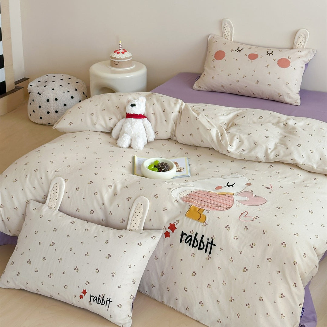 Kids Cartoon Rabbit Cotton Duvet Cover Set with 3D Ear Pillowcases