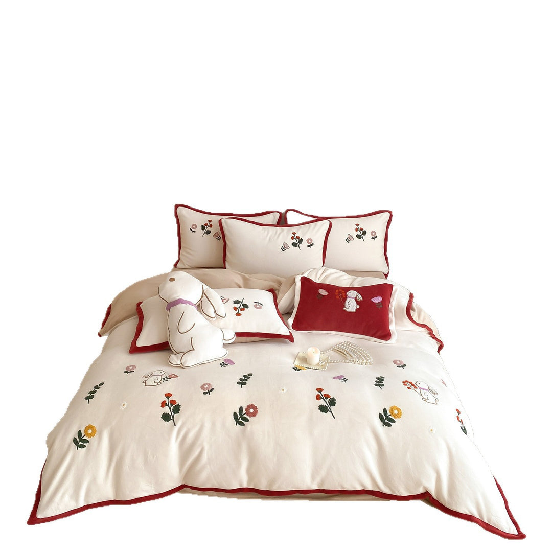 Embroidered Bunny Floral Cotton-Sateen Duvet Cover Set with Piped Edge and Decorative Shams
